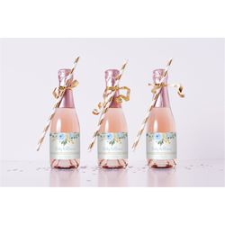 Blue Flowers Mini Champagne Bottle Label, EDITABLE, Printable Wine Label Template, Gold Baby Shower, Bridal Brunch Gift,