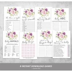 Lavender Baby Shower Games Bundle, Purple Floral Game Set, Printable Shower Game, Girl Party Activities Pack, Greenery,