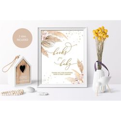 Pampas Grass Books for Baby Sign, Floral Printable Baby Shower Baby's First Library Sign, Elegant Girl Brunch Card, Blus