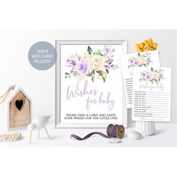 lavender rose wishes for baby sign and note cards, editable, purple & cream floral brunch, printable baby shower activit