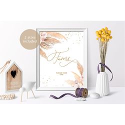 Pampas Grass Favors Sign, Printable Party Card, Boho Gold Girl Baby Shower Template, Bohemian Blush Pink Flowers Bridal