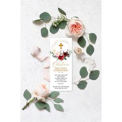 Marsala & Blush Pink Floral First Communion Bookmark Template, EDITABLE, Floral Bookmark Keepsake, Printable Rose Flower