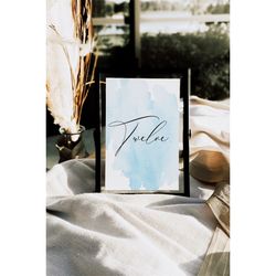 Blue Watercolor Wedding Table Numbers, EDITABLE Template, Printable Calligraphy Script Modern Card, Rustic Simple Place