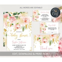 Editable Blush Pink and Gold Baby Shower Invitation Set, Printable Floral Template, Pretty Rose, Flowers Invite Bundle,
