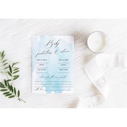 Blue Baby Predictions & Advice Game, Watercolor Printable Brunch Activities, Modern Shower Editable Template, Simple, Bo