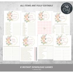 blush pink baby shower game set, 100 editable, boho games bundle, girl party activities pack, gold printable shower game