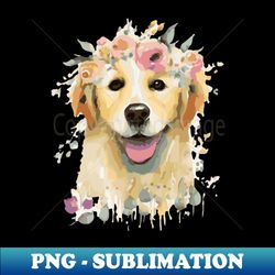 Colorful Watercolor Painting of a Golden Retriever with Flowers - Instant PNG Sublimation Download - Perfect for Creative Projects
