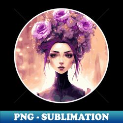Watercolor Painting of a Futuristic Woman with Large Flowers in Purple Hair - Aesthetic Sublimation Digital File - Capture Imagination with Every Detail