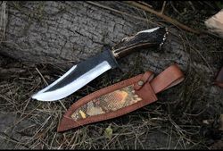 CUSTOM HANDMADE CARBON STEEL FIXED BLADE BOWIE KNIFE HANDLE STAG HOR -BEST GIFT