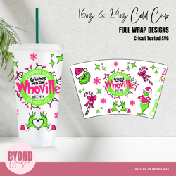Grinch Hot Chocolate Whoville Christmas, 16 & 24oz, No Hole, Cold Cup SVG Design Wrap, SVG EPS DXF PNG