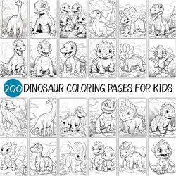 200 Dinosaur Coloring Pages for Kids | Cute baby Book Children Triceratops Stegosaurus Tyrannosaurus Velociraptor