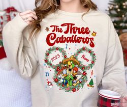 Personalized Disney Three Caballeros Christmas Lights Shirt, Santa Panchito, Jose, Donald Tee, Custom Name Christmas Mat