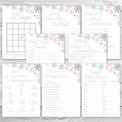 Snowflake Baby Shower Game Package, 8 Printable Winter Baby Shower Games Party Pack, Pink and Silver Snowflake Baby Show