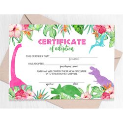 Adopt a Dinosaur Adoption Certificate Pink Dinosaurs Adoption Wild One Birthday, Printable Dino Adoption Certificate, Di