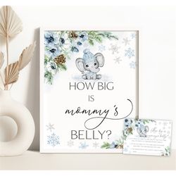 Winter Elephant Guess How Big Is Mommy's Belly Snowflake Elephant Baby Shower Belly Guessing Game Sign Winter Wonderland