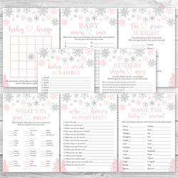 Girl Snowflake Baby Shower Game Package, 8 Printable Winter Baby Shower Games Party Pack, Pink Snowflakes Baby Shower Ga