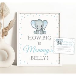Guess How Big Is Mommy's Belly Blue Elephant Baby Shower Game Boy Elephant Baby Shower Belly Guessing Game Sign 0166