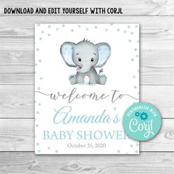 editable elephant baby shower welcome sign. blue elephant welcome sign. elephant baby shower sign template boy elephant