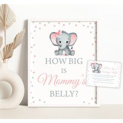 Guess How Big Is Mommy's Belly Pink Elephant Baby Shower Game Girl Elephant Baby Shower Belly Guessing Game Sign 0166