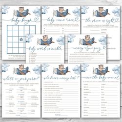 Airplane Bear Baby Shower Game Package, 8 Printable Bear on a Plane Baby Shower Games Party Pack, Boy Bear Baby Shower G