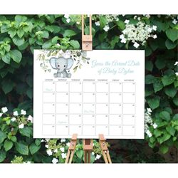 Editable Boy Elephant Guess Baby Due Date Calendar Elephant Guess Baby's Birthday Template Blue Elephant Due Date Game B