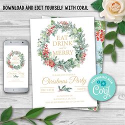 EDITABLE Christmas Party Invitation. Christmas Invite Printable. Editable Holiday Party Invitation. Christmas Wreath Inv