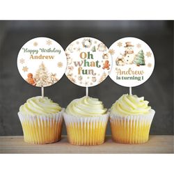 Editable Christmas Birthday Party Cupcake Toppers Oh What Fun Christmas Birthday Decoration Gold and Green Christmas Cup