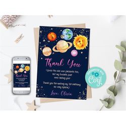 editable outer space thank you card out of this world birthday party thank you galaxy moon planets thank you card trip a