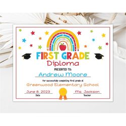 Editable First Grade Diploma Graduation First Grade Certificate School Graduation Certificate Last Day of School Diploma