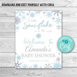 Editable Snowflake Baby Shower Welcome sign. Winter Wonderland Baby Shower Welcome Sign. Blue and Silver Snowflake Welco
