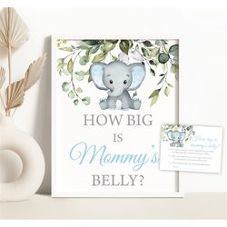 Guess How Big Is Mommy's Belly Blue Elephant Baby Shower Game Boy Elephant Baby Shower Belly Guessing Game Sign 0102