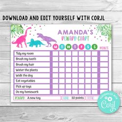 Editable Dinosaur Reward Chart for Kids, Girl Dinosaur Routine Chart, Dinosaur Kids Chore Chart, Printable Dino Chore Ch