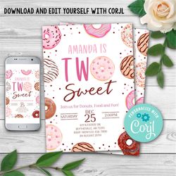 Editable Two Sweet Donut Birthday Invitation, Second Birthday Party Pink Girl Doughnut, Donut 2nd Birthday Party Invitat