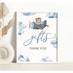 Airplane Bear Gifts Table Sign Bear on a Plane We Can Bearly Wait Baby Shower Gifts Sign Blue Airplane Fly High Aviator