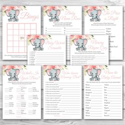 girl elephant baby shower game package, 8 printable pink elephant baby shower games party pack, printable baby shower ga