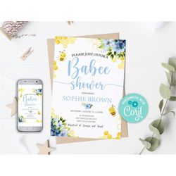 EDITABLE Bee Baby Shower Invitation Mommy To Bee Blue Floral Bee Baby Shower Invitation Summer Honey Bee Baby Shower BaB