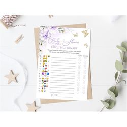 Butterfly Emoji Pictionary Baby Shower Game Purple Floral Butterfly Baby Shower Game Lavender Gold Butterfly Emoji Baby
