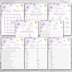 Butterfly Baby Shower Game Package, 8 Printable Purple Gold Baby Shower Games Pack, Butterfly Baby Shower Games Bundle B