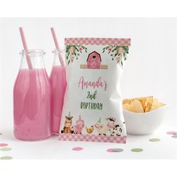 EDITABLE Pink Farm Chip Bag Wrapper Labels Farm Animals Chip Party Favors Farm Chip Bag Label Pink Barnyard Chip Bag Lab