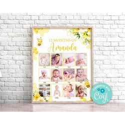 Editable Yellow Floral Bee First 12 Months Photo Collage Bumble Bee Birthday Photo Collage 1st Birthday Poster First Bee