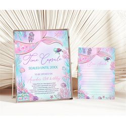 EDITABLE Mermaid Time Capsule and Matching Note Card Pink Mermaid Birthday Party Time Capsule Under The Sea Birthday Sig