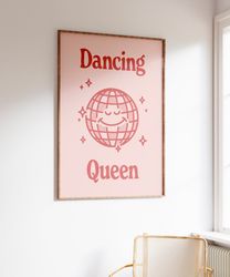 Retro Quote Print, Dancing Queen Wall Art, Vintage Disco Print, Retro Cartoon Character Poster, Red and Pink Art, Trendy