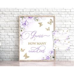 Butterfly Guess How Many Candies Game Sign Purple and Gold Floral Butterfly Candies Baby Shower Game Butterfly Shower Sp
