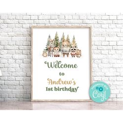 Editable Winter Woodland Animals Welcome Sign Winter Wonderland Birthday Welcome Sign Forest Animals Party Decor Winter