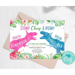 EDITABLE Dinosaur Double Birthday Party Invitation Boy Girl Twins Dino T-Rex Invitation Pink Blue Dinosaurs Joint Party