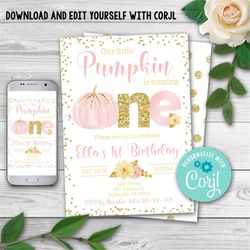 EDITABLE Pumpkin First Birthday Invitation. Little pumpkin Invitations. Fall 1st Birthday Invitation. Girl Autumn Birthd