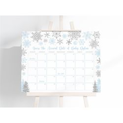 Editable Snowflake Guess Baby Due Date Calendar Blue Snowflakes Guess Baby's Birthday Template Winter Due Date Game Baby