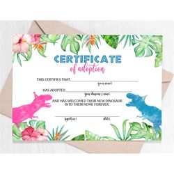 Adopt a Dinosaur Adoption Certificate Pink Blue Dinosaurs Adoption Wild One Birthday, Printable Dino Adoption Certificat