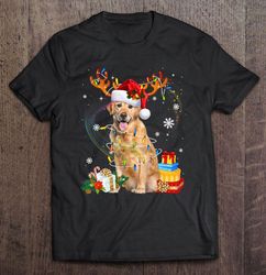 Golden Retriever Reindeer Santa Hat Christmas Lights Gift TShirt