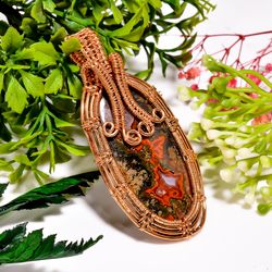 Natural Seam Agate Gemstone Oval Vintage Handmade Pure Copper Wire Wrapped Pendant 2.6" 19 gms. KR09-4